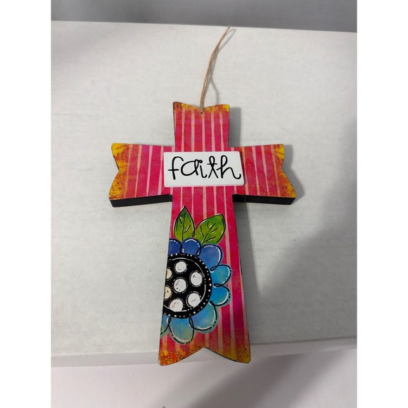 Other - Faith Wooden Cross Wall Decor Pink Striped Floral Religious